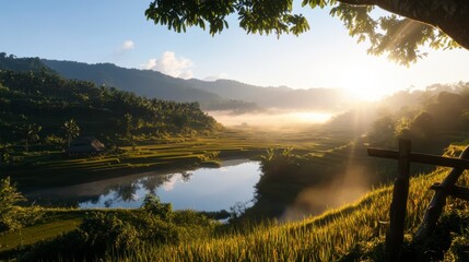 Serene Sunrise Over Lush Rice Terraces, vibrant colors illuminating tranquil landscape, morning light enhancing natural beauty and harmony