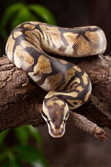 A ball python curls on a tree branch its patterned skin contrasting with the bark