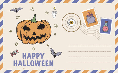 Halloween card with pumpkin, bat, hat, hand drawn illustrations	
