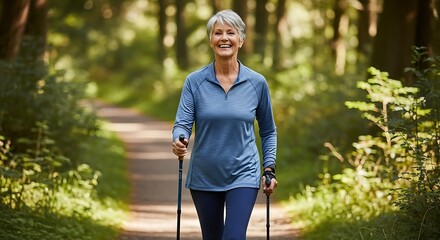A smiling woman is nordic walking through a forest with trees and a path on a sunny day outdoors