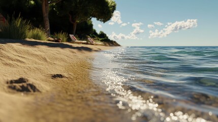 Tranquil Beach Serenity, soft waves gently caressing the shore, a peaceful escape into nature's beauty and calmness