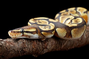 Obraz premium A ball python with brown and yellow markings coils on a rough textured branch against a black backdrop