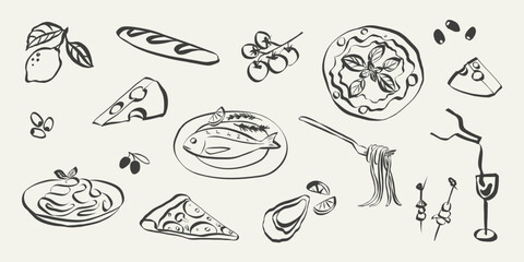 Whimsical italian food doodles. Quirky icons of Italian food in simple crayon and sketch style. Trendy art for menus and dinner brunch invitations. La dolce vita hand drawn vector illustration