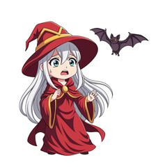 Adorable young arcane sorceress in a red robe startled by a bat flying towards her - isolated white background cartoon illustration