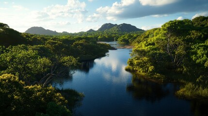 Lush Mangrove Forest with Winding Waterways, a vibrant ecosystem showcasing intricate roots and serene water channels amidst dense greenery