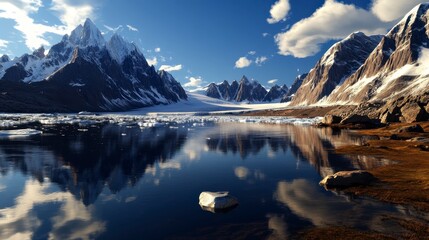 Majestic glacial lake embraced by towering mountains, serene waters reflecting the grandeur of nature's untouched beauty.