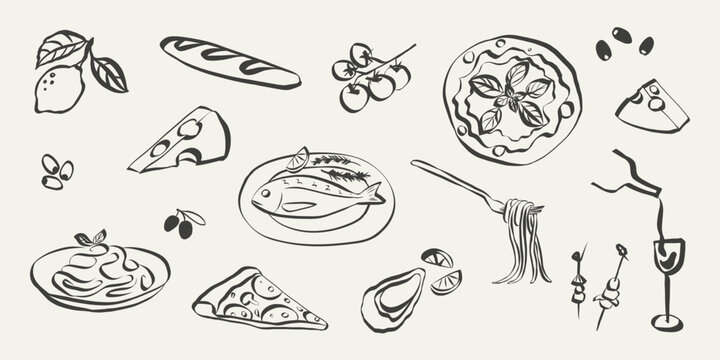 Naklejki Whimsical italian food doodles. Quirky icons of Italian food in simple crayon and sketch style. Trendy art for menus and dinner brunch invitations. La dolce vita hand drawn vector illustration