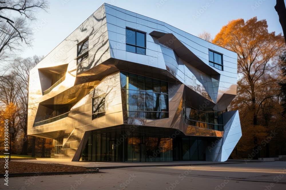 Poster metallic facade of a modern deconstructivist building reflecting the warm colors of autumn trees at 