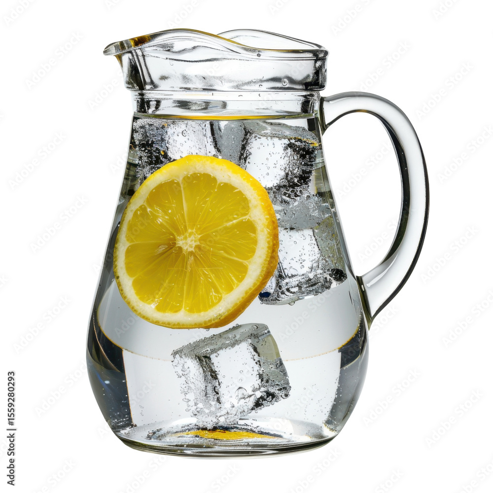 Poster refreshing pitcher of water with ice cubes and slice of lemon, perfect for hydration and summer enjo