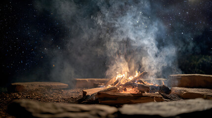 smoke from burning sacred herbs in a fire pit under starry night sky
