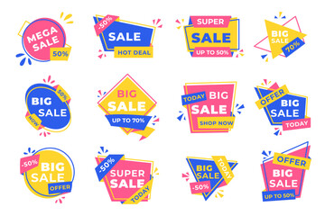 Collection of 12 colorful geometric sale banners with text l and various discount percentages
