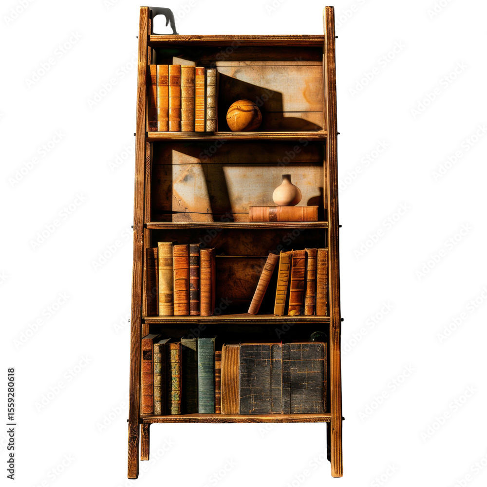 Poster rustic wooden bookshelf filled with various books, showcasing warm and inviting atmosphere. shelf fe