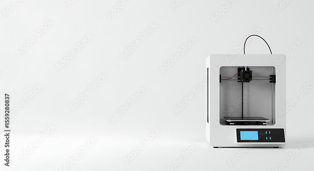 Poster a modern 3d printer isolated on a clean white background with ample copy space. a concept for techno