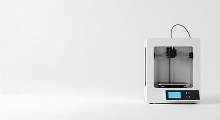A modern 3D printer isolated on a clean white background with ample copy space. A concept for technology, innovation, manufacturing, and rapid prototyping.
