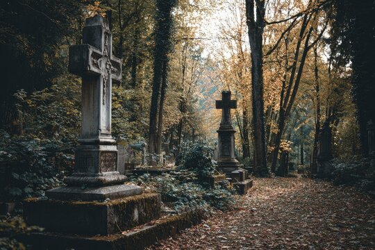 A graveyard features stone crosses amid trees - Powered by Adobe