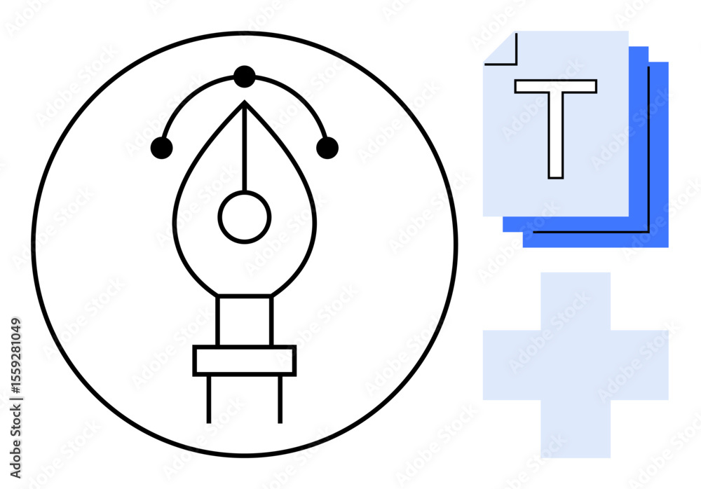 Poster pen tool icon with points and curves, layered text blocks, and a plus symbol. ideal for graphic desi