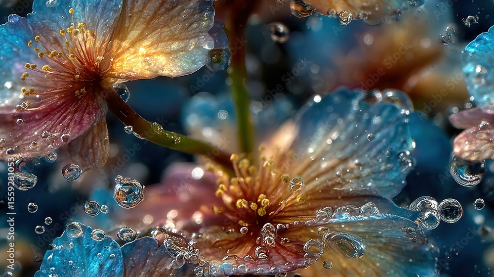 Poster a macro shot of a rose with dewdrops on its petals against a soft bokeh of lavender and iris