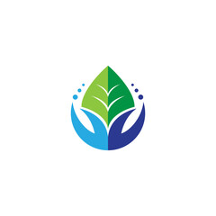 natural leaf logo with hand icon in water drop shape flat vector design style