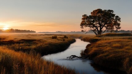 Pastel Sunrise Over Tranquil Field, soft pink and gold hues illuminating a serene landscape at dawn, evoking peace and calmness.