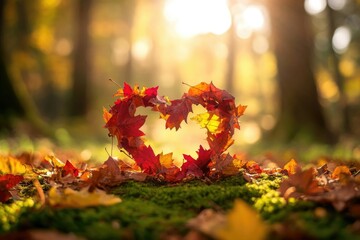 Heart shape made of autumn leaves in a forest, lit by the sun, symbolizing love for nature.