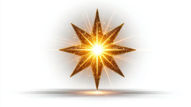 Golden eight pointed Star radiating a bright light on a White Background for Celebration
