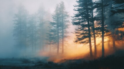 Pine forest in fog with sunrise light