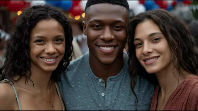 Smiling young people celebrating Independence Day with a 4th of July picnic, featuring red, white, and blue decorations outdoors