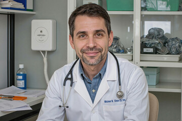 Portrait of middle aged Caucasian man smiling and sitting at desk in medical office, wearing stethoscope around neck, looking directly into camera, appearing confident and approachable