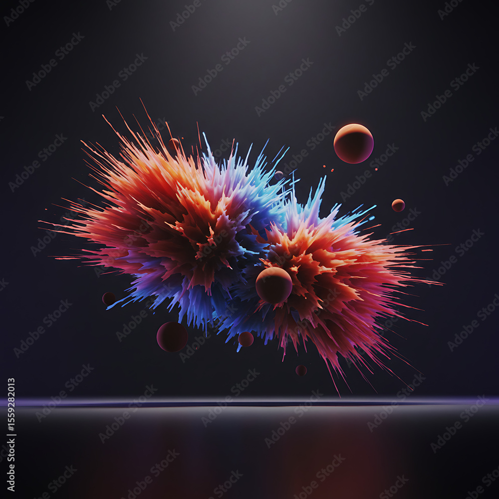 Aufkleber a dynamic 3d abstract rendering of a colorful particle explosion in blue and orange. a futuristic co