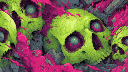 Alien Ooze Spreading Through Glowing Skulls in Cosmic Horror Style

