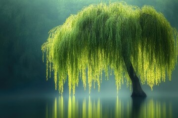 A serene willow tree gracefully stands near the water, its luminous leaves reflecting in the lake amidst a misty background.
