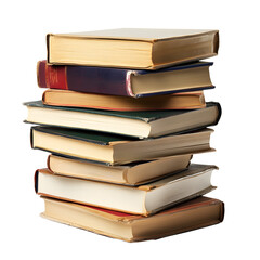 Fototapeta premium A tall stack of old worn books with aged paper pages and varied colored covers isolated on transparent background
