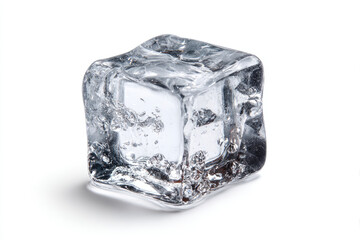 A single transparent ice cube sits on a white surface casting a soft shadow