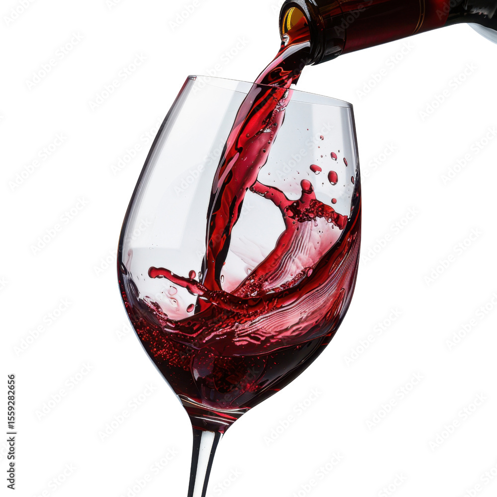 Poster glass of red wine is being poured, creating dynamic splashes and showcasing rich color and texture o