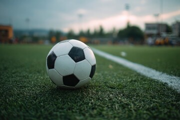 Obraz premium A soccer ball rests on a green field with a white line background blurred