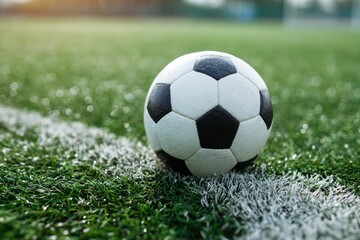 A soccer ball sits on a green field near a white boundary line