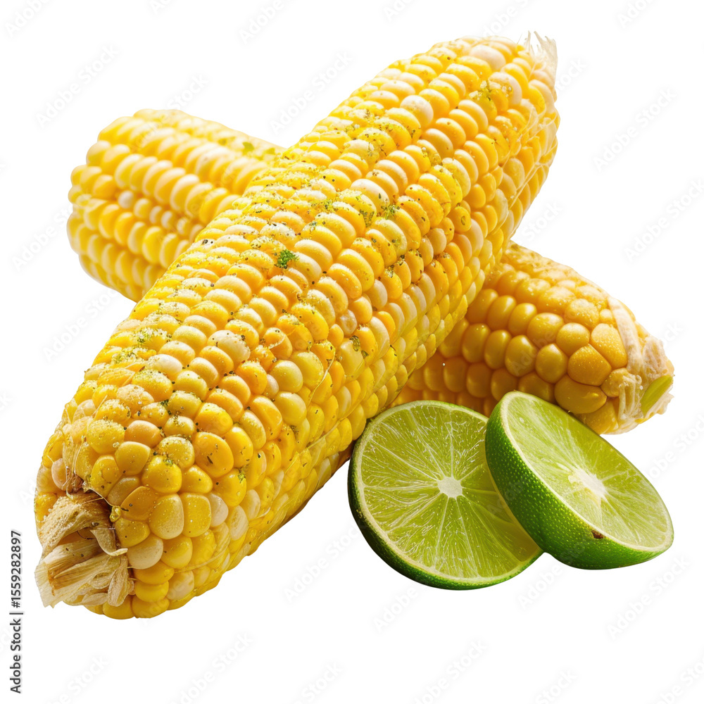 Poster fresh corn on cob with vibrant yellow kernels, paired with sliced lime, creates refreshing and appet