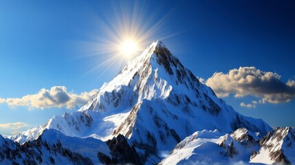 Snowy Mountain Majesty, breathtaking peak towering against a vibrant blue sky, serene winter landscape inviting exploration and awe