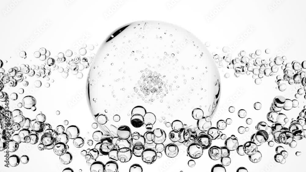Poster transparent sphere with air bubbles inside and orbiting clear small spheres – floating 3d system