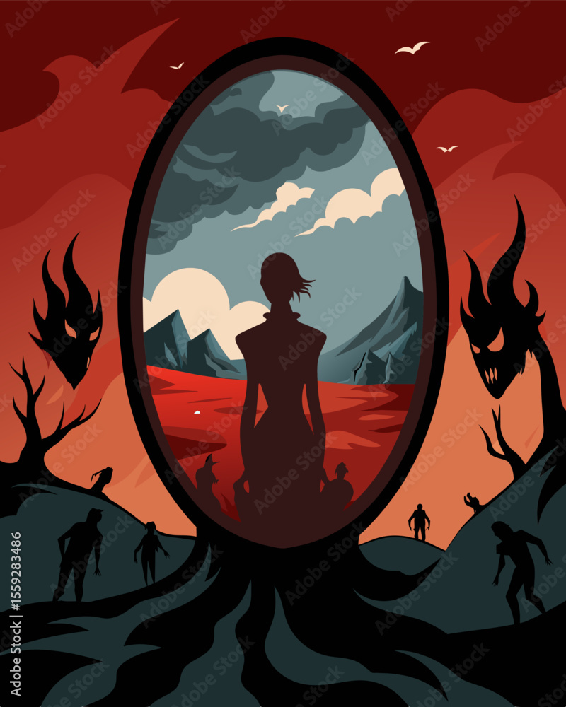 Poster the mirror showing them as a dark twisted version of themselves surrounded by a chaotic hellish land