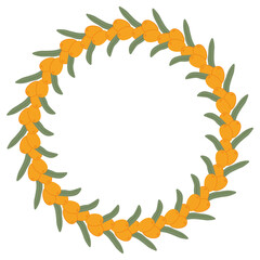Hand-Drawn Sea Buckthorn Wreath with Orange Berries and Green Leaves in a Decorative Botanical Design