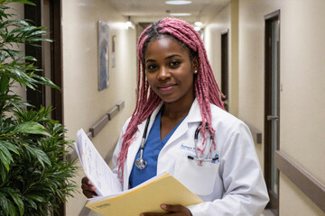Portrait of young adult Black woman doctor standing in hospital corridor holding medical charts and wearing stethoscope, looking confidently into camera with slight smile