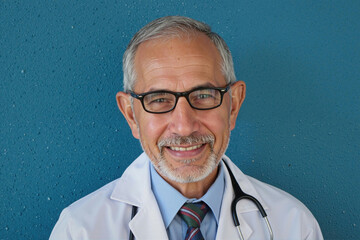 Portrait of senior Caucasian man smiling at camera wearing glasses and medical coat with stethoscope around neck representing experienced doctor against blue background