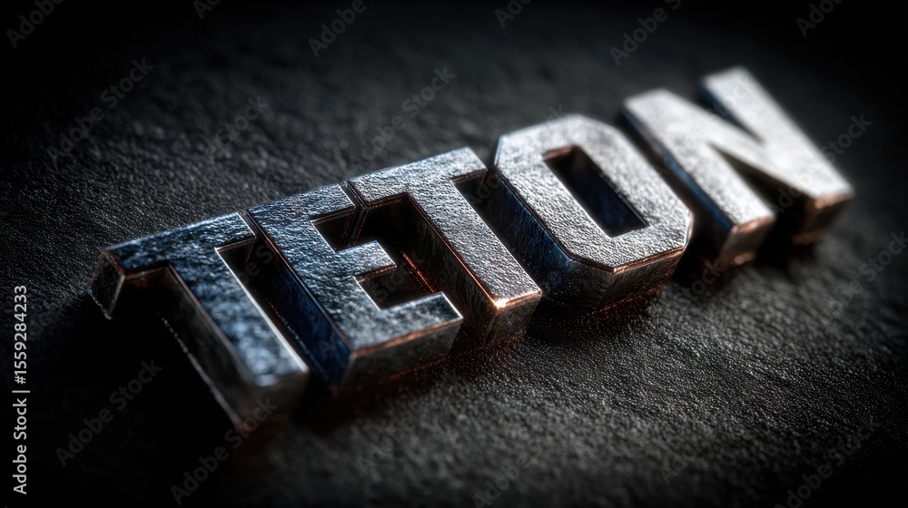Poster teton text effect with metallic surface and realistic shadows on black background offers design elem