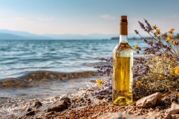 A wine bottle is on a rocky beach beside water and lavender plants