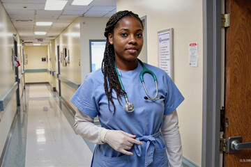 Portrait of young adult Black woman doctor standing in hospital hallway wearing medical gloves and stethoscope, looking confidently at camera, professional healthcare worker