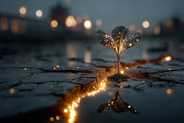 Glowing Plant Sprout Emerging from Cracked Earth – A Symbol of Hope, Growth, and Sustainability