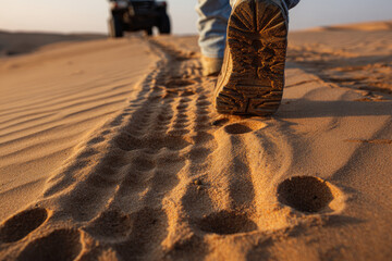Boot tread in desert sand leading to vehicle tracks