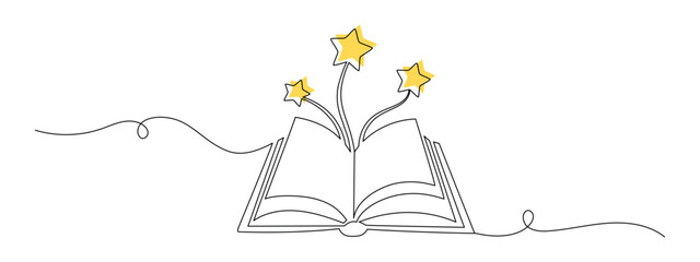 Opened book with flying page and stars in one continuous line drawing. Magic of reading and children library concept in simple linear style. Editable stroke. Doodle hand drawn vector illustration
