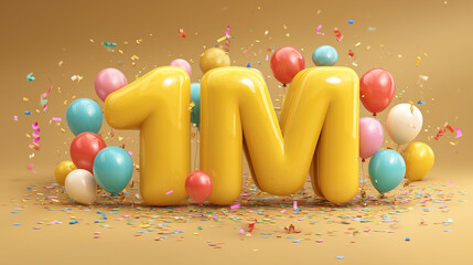1 Million Celebration with Balloons and Confetti, colorful balloons, and falling confetti, symbolizing a major milestone or achievement